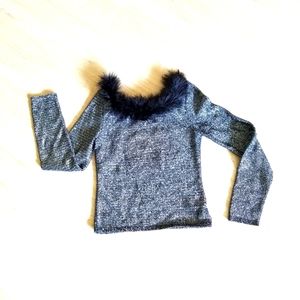 Party Black Silver Long Sleeve Blouse and Sexy Fuzzy Marabou Feather Trim Size L